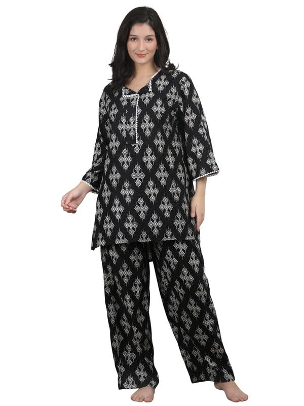 amar creation Womens Rayon Printed Black Night Suit Top and Pajama Set | Soft Viscose Rayon Sleepwear | V Neck with Button Placket | 3/4th Sleeves | Comfortable Loungewear-picture-21