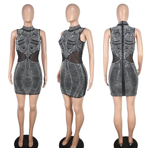 Image of PORRCEY Women's Sexy Rhinestone Mesh See Through Party Night Prom Dress