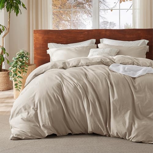 Bedsure 100% Washed Cotton Duvet Cover Full Size - Oatmeal Minimalist Cotton Duvet Cover Linen Like for All Seasons - GentleSoft™ Plain Simple Bedding (Oatmeal, Full, 80"x90")