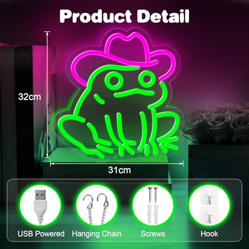 Image of Frog Neon Sign for Wall Decor,Dimmable Frog with Cowboy Hat Neon Light,Pink Green Animal Light Up Signs for Bedroom Party Bar Background Christmas Gifts Decorations
