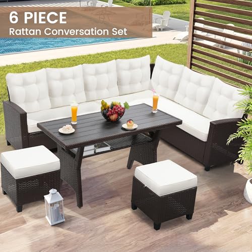 Image of KROFEM 6 Piece Patio Furniture Set, Dining and Conversation Set, Beige | UV Treated Wicker, Machine Washable Cushions, Seats 7, 2 Ottomans, 3 Sofa Section, Dining Table, Rustproof Frame