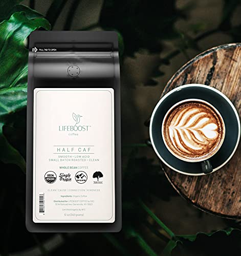 Image of Lifeboost Half Caff Medium Roast Whole Bean Coffee - Low Acid Organic Coffee, Non-GMO, USDA Organic, Single Origin, Third-Party Tested for Mycotoxins & Pesticides - 12 oz Bag
