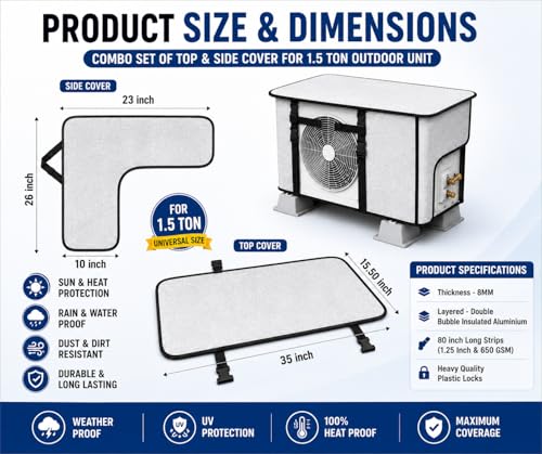 Image of Outdoor AC Unit Cover Combo Set - Top Heat Shield + Side Protection Panel | Reflective Aluminium Insulated Cover | Protection from Sun, Rain, Dust & Leaves | Adjustable Straps