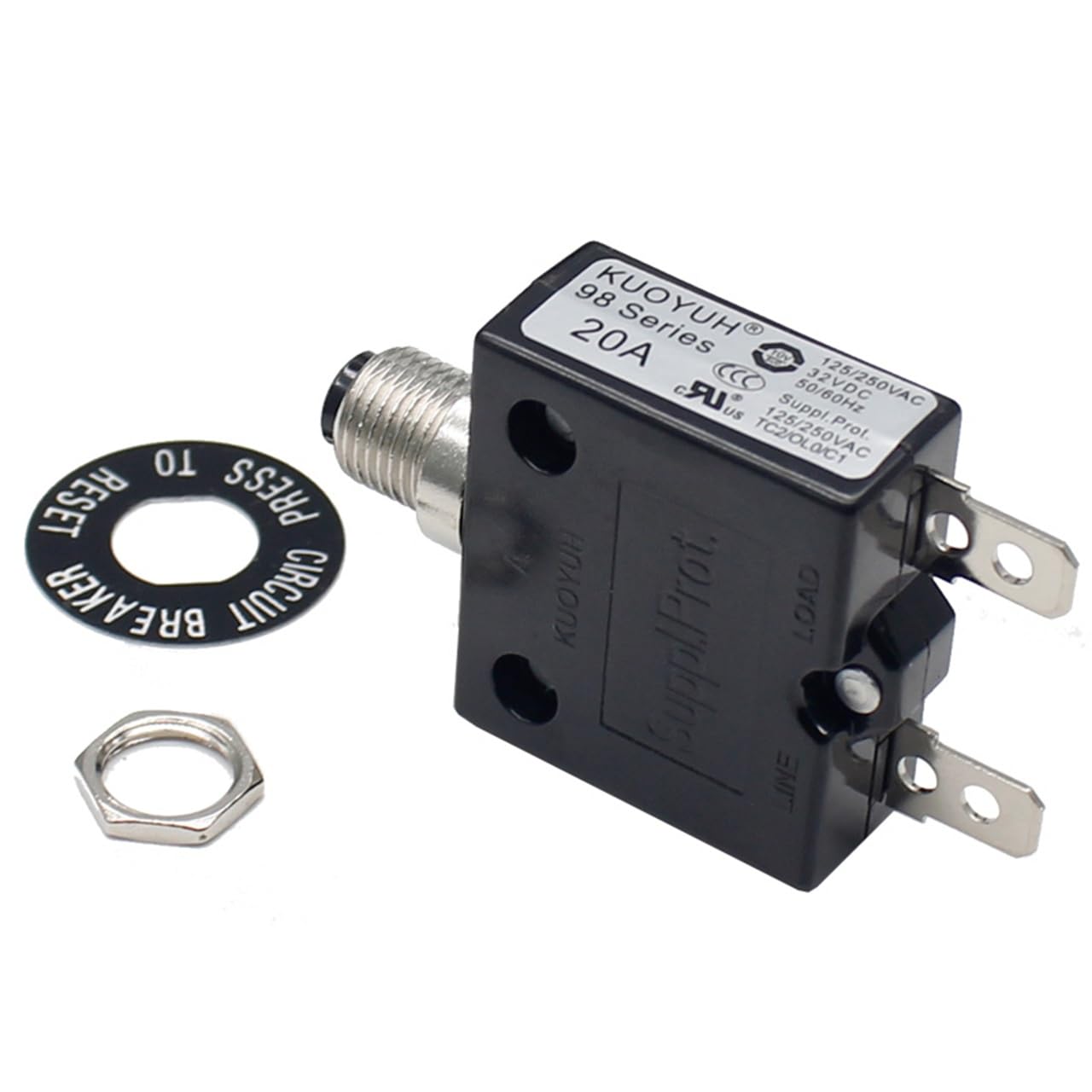 1 x KUOYUH 98 Serie 125/250VAC 32V DC 50/60Hz Druckknopf Manuelle Reset Thermo-Überlastungsschutzschalter mit transparenter, wasserdichter Staubkappe 3-70A (20A 1pc)