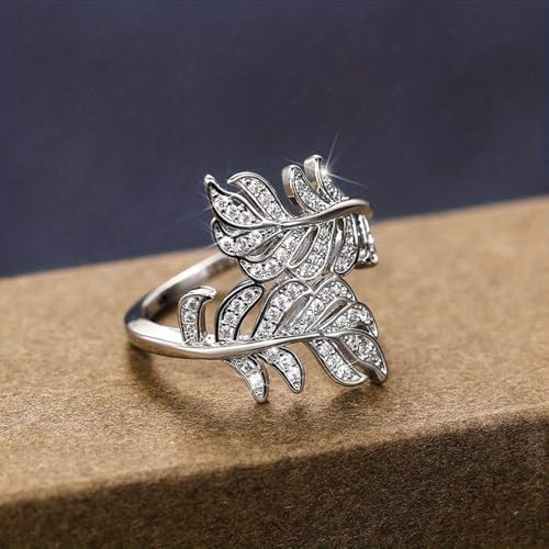 White Gold Plated Cubic Zirconia Elegant Luxury Leaf Statement Ring Personalized Accessory Ideal for Women's Daily Casual Wear Party Holiday Anniversary Love Jewelry Gift4