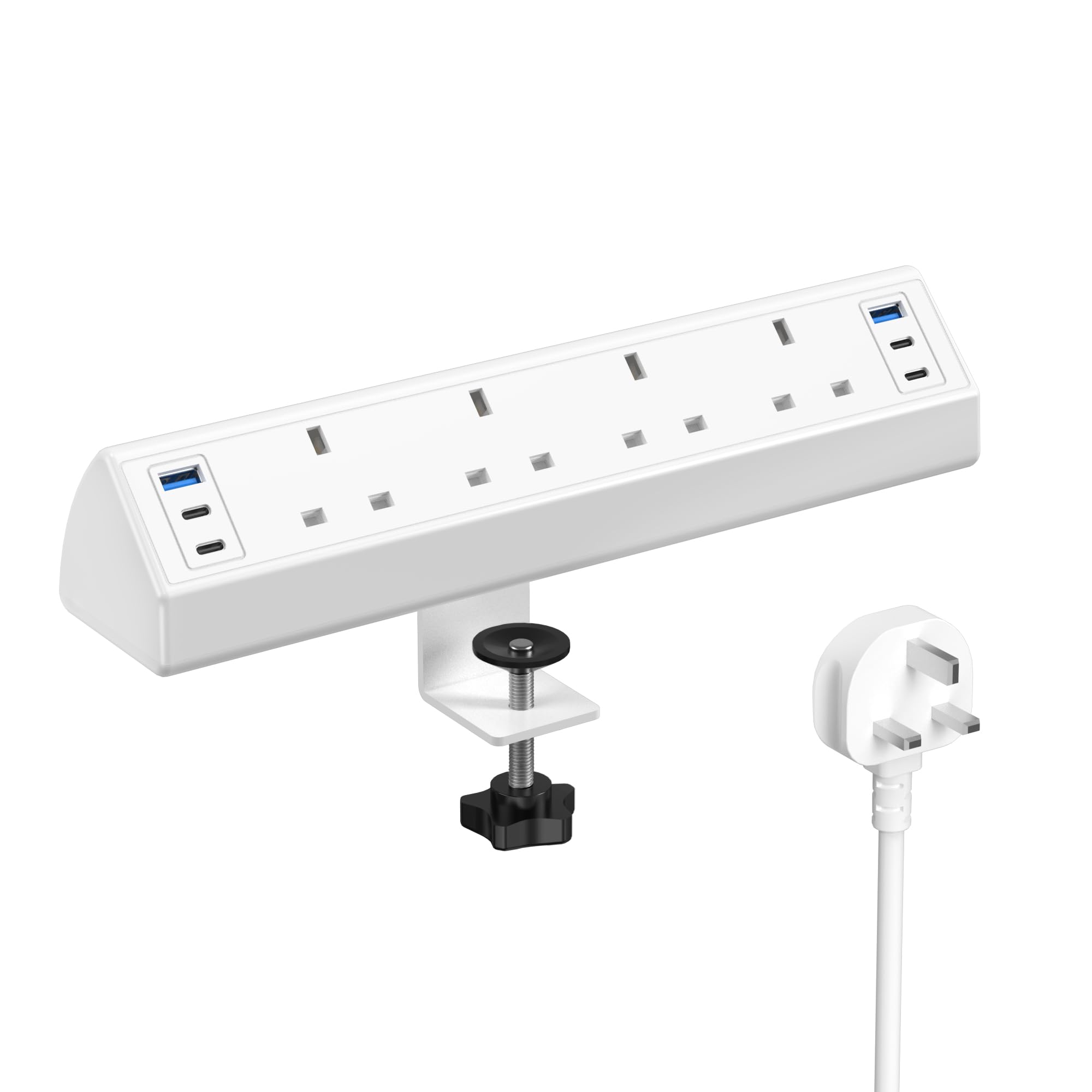 Desk Clamp Power Socket USB C Slots, 40W Total Fast Charging Station, 4 Way Desk Extension Lead with Switch, Desktop Power Strip 2M for Home Office, Fit 1.9" Tabletop Edge(White)