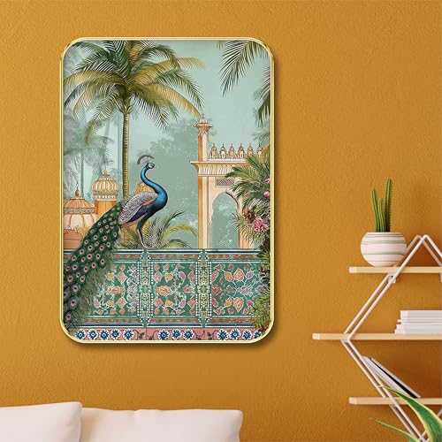 Image of Livin'luxe Royal Peacock Wall Art - Traditional Indian Palace-Inspired Framed Painting for Living Room & Hall - Ethnic Heritage Decor with Golden Frame (13 x 19 Inch) MG01-65