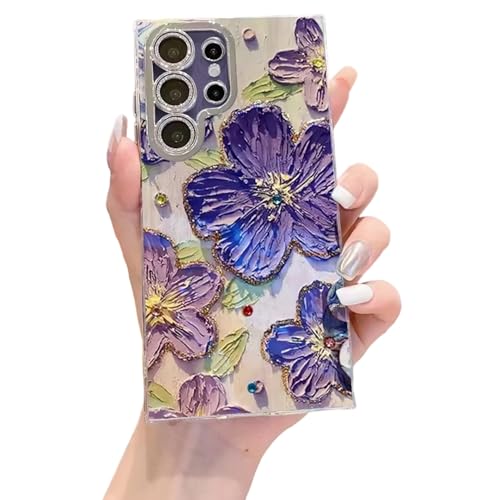 Image of Elzzi Compatible with Samsung S25 Ultra 5G Case Laser Flower Oil Painting Cute Colorful Blue Ray Bumper with Full Camera Protection Shockproof PC+TPU Glossy Shiny Cover for Girls Women,Purple