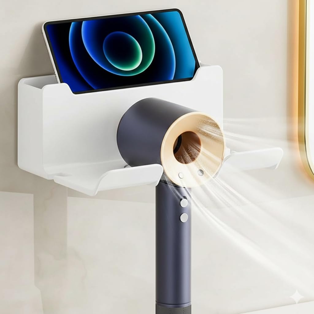 Cisily Hair Dryer Holder Wall Mount with Storage | Heat Resistant Bathroom Organizer for Blow Dryer, Hair Brush, Trimmer & Grooming Tools | No Drill Stand (White) - Image 4 thumbnail