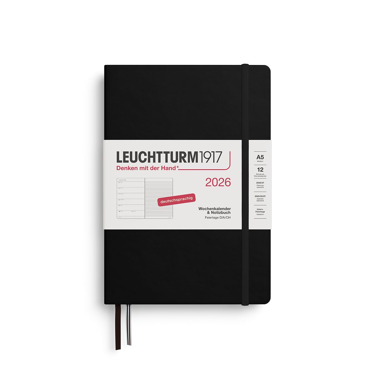 LEUCHTTURM1917 372469 Weekly Calendar & Notebook Medium (A5) 2026, 12 Months, Black, German