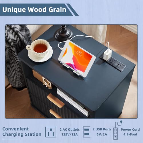 Image of LEYAOYAO Fluted Nightstand with Charging Station, 23 inch Modern Night Stand with Woodgrain Top, 2 Drawer End Table w /Storage, Bedside Tables for Bedroom, Living Room, Curved Profile Design, Blue