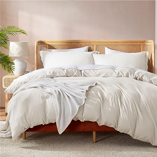 Nestl Queen Duvet Cover Set with Comforter Insert - Off White 4 Piece 90x90 Duvet Cover & 2 Pillow Shams with White Quilted Down Alternative Comforter, Ultra Soft, All Season
