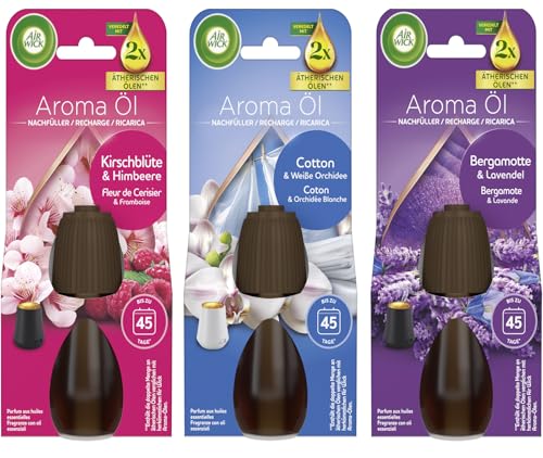 Air Wick Aroma-Öl Flakon - Mix-Pack Florale Düfte - 1x20ml Cotton & Weiße Orchidee, 1x 20ml Bergamotte & Lavendel & 1x20ml Kirschblüte & Himbeere