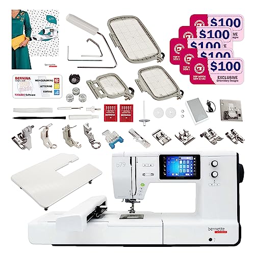 Bernette B79 Sewing Embroidery Machine Combo | Touchscreen LCD Display | Includes $500 Embroidery Kit with Designs Thread Hoops Tools | Quilting Presser Feet Bobbins Needle Threader LED Light