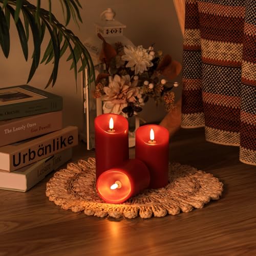 Image of Battery Operated Candles, Real Wax Red LED Candle Flickering Flameless Candles with Remote, 3D Wick Fake Candles for Christmas, Thanksgiving, Home Decor, Party, Gifts, Set of 3, D3 inchx H4 inch /5 inch /6 inch