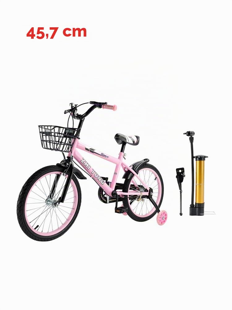 Vélo pour enfant 18 pouces, cadre acier carbone, siège guidon réglables, double freins, roues stabilisatrices