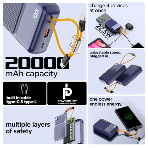 Image of Dubstep Powerblitz X6 20000mAh 22.5W Super Fast Charging, USB Type-C Input Power Bank with Fast Charging & 22.5W Power Delivery, Built-in Charging Cables, 4 Outputs, Type-C Input /Output Port (Blue)