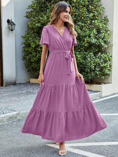 Image of MASCOMODA Women Boho Swiss Dot Maxi Dresses Wrap V Neck Flutter Short Sleeve Solid Tie Waist A Line Tiered Flowy Long Dresses