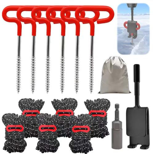 Heavy Duty Ice Anchor Tool Kit 6 Pcs Stainless Steel Ice Fishing Tent Stakes Nails with Ice Anchor Drill Adapter and 6 Pcs Adjustable Tent Rope for Setting Up Ice Fishing Equipment Shelter Tent