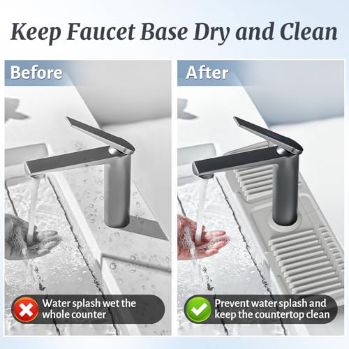 Image of PoYang 17.7 inch Faucet Mat for Kitchen Sink Splash Guard, 7 Slope Silicone Sink Water Splash Guard for Kitchen Sink Area with Snap, Long Sink Protectors for kitchen Sink Sponge Holder, Light Grey