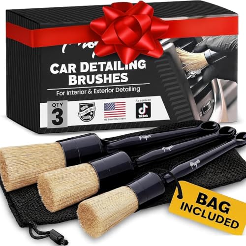 Premium Car Detailing Brush Set - Professional 3 Pack Kit Detail Brushes with Soft Boars Hair Bristles for Auto Interior & Exterior - for Cleaning Leather Seats, Air Vents, Wheels & Emblems