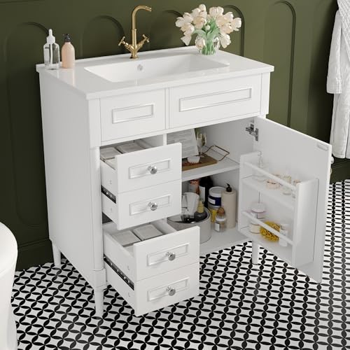 Ktipm Mueble de Baño con Lavabo Moderno, Armario Baño con 1 Puerta y 2 Cajones, Muebles Auxiliares de Baño con Estante Ajustable, Lavabo con Mueble, 76.5x46.5x84 cm, Blanco