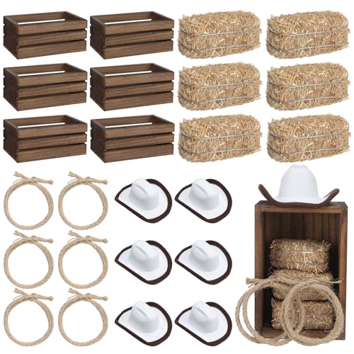 Briwooody 6 Set Western Cowboy Party Centerpieces Decoration Include 6 Pcs Mini Wood Crates 6 Pcs Mini Hay Bales 6 Pcs Mini Cowboy Hat 6 Pcs Twisted Hemp Rope for Western Party Table Centerpieces