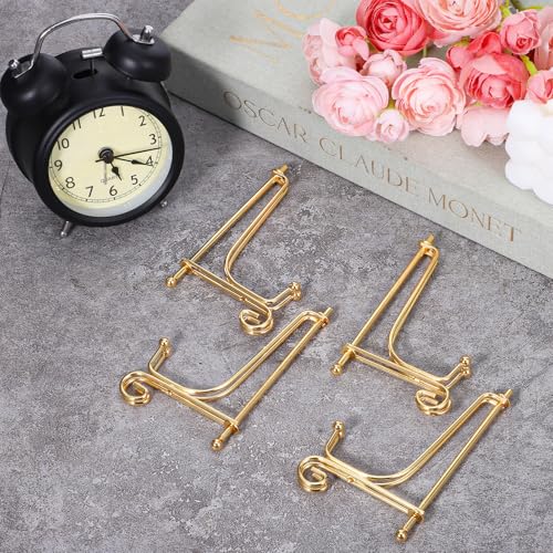 Alrhso 4 Stück Eisen Tellerständer 10cm Klein Aufsteller Tischstaffelei Gold Metall plate holder Display Tellerhalter Klappbar für Bilderhalter Foto Kunst Teller Bücher Bild und Tabletop Art