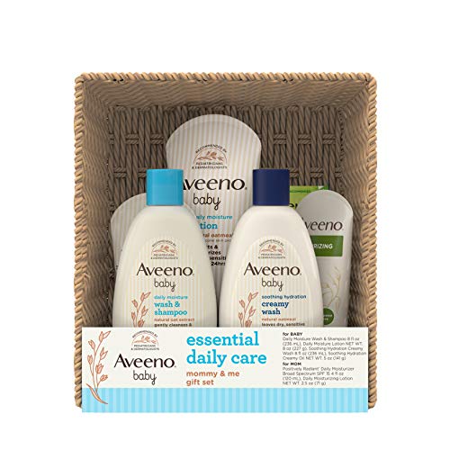 Image of Aveeno Baby Essential Daily Care Baby & Mommy Gift Set featuring a Variety of Skin Care and Bath Products to Nourish Baby and Pamper Mom, Baby Gift for New and Expecting Moms, 7 items