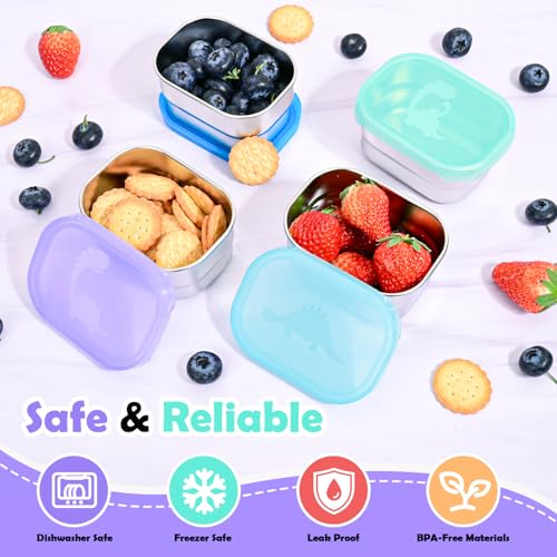 Image of Tanjiae 4x8oz Small Stainless Steel Snack Containers for Kids & Toddlers - 230mL Leakproof Food Containers with Cute Dino Lids | LFGB Certified, Stackable Metal Snack Box for Daycare, School, Travel