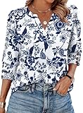 Boho Tops for Women 3/4 Length Sleeve Womens Tops Blouses Dressy Casual Early Fall Fashion 2025 School Outfits for Teachers Plus Size Summer Women's Clothing Trendy Fall Clothes Blue Floral 2XL