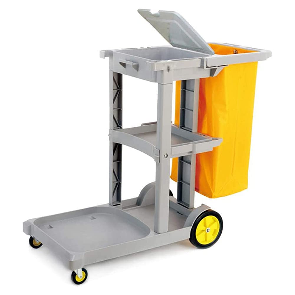 ZYTSHOP Home Janitorial Utility Cart with Lid & Detachable Vinyl Bag, 3 Shelf Cleaning Trolley for Restaurant, Hotels, Commercial, Industrial