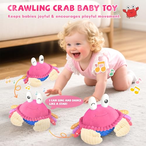 Image of Pink Crawling Crab Baby Toy, Interactive Musical Plush Toy for 6-36 Months | 40 Songs & Voice Recorder, Encourages Crawling & Movement, Soft cuddly design, USB Rechargeable, Sensory Infants Gift