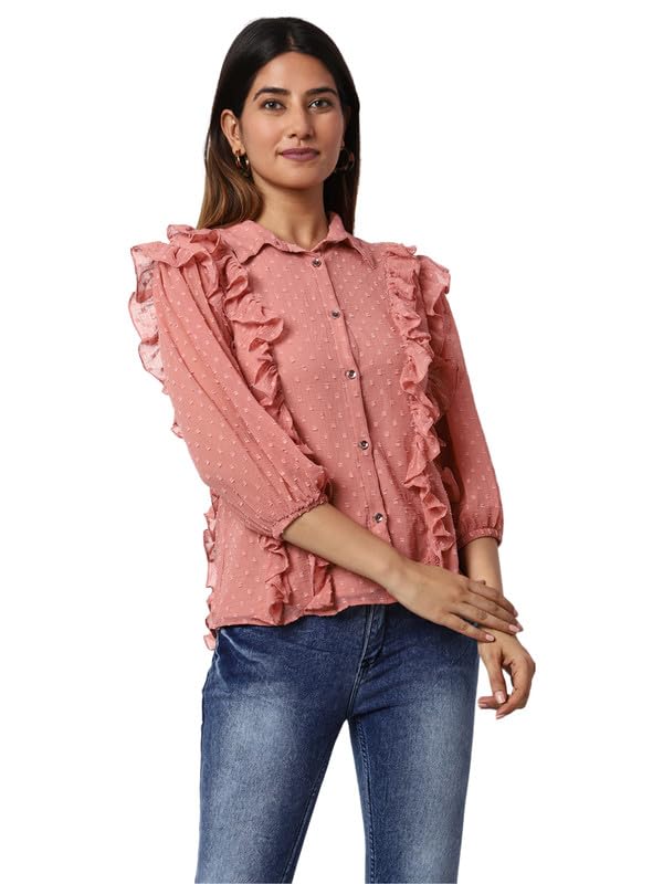 Georgette Textured Collared Neck 3/4 Sleeve Peach Casual Top for Women| Women's Regular Fit Fancy Top Summer Tops-image-39