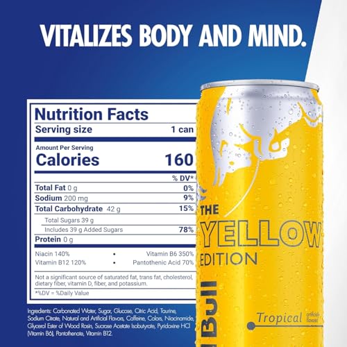 Image of Red Bull Yellow Edition Energy Drink, Tropical, with 114mg Caffeine plus Taurine & B Vitamins, 12 Fl Oz, Pack of 8 Cans