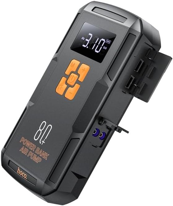 זייַט view of the Hoco QS2 showing the open covers for the USB output ports and the jump start port.