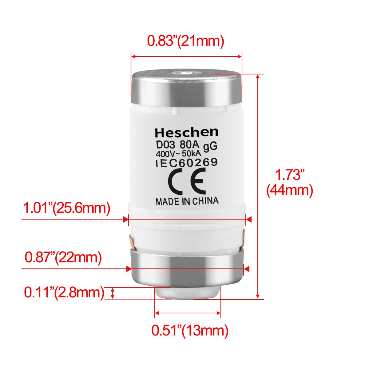 Heschen Eslabones fusibles cerámicos Neozed, eslabón fusible tipo D0, D03, 80A 400VAC, tipo gL/gG, 10 unidades