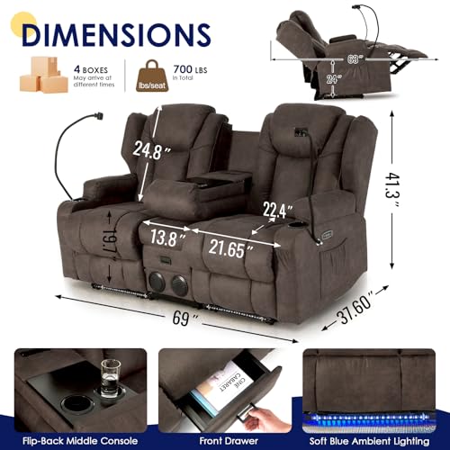 Image of Redlife Power Loveseat Recliner Sofa with Console, Leathaire Farbic Dual Reclining Couch with Blue LED Lights, Bluetooth Speakers, USB Ports, Phone Holders, Home Theater & RV Recliner (Coffee Brown)