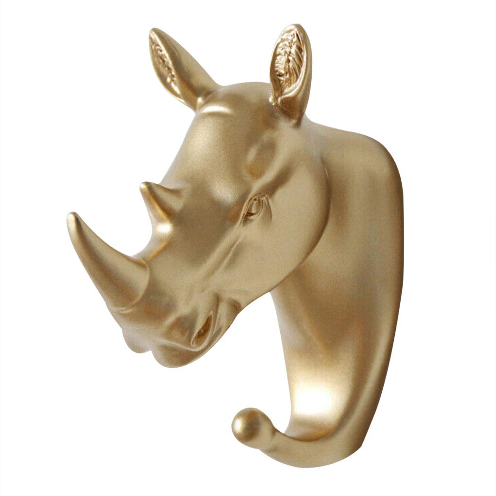 WOVEBIUS 3D Animal Head Wall Hanger Resin Coat Hat Hanging Hook Heavy Duty Holder Rack Home Decoration Type 6,Gold,Rhino