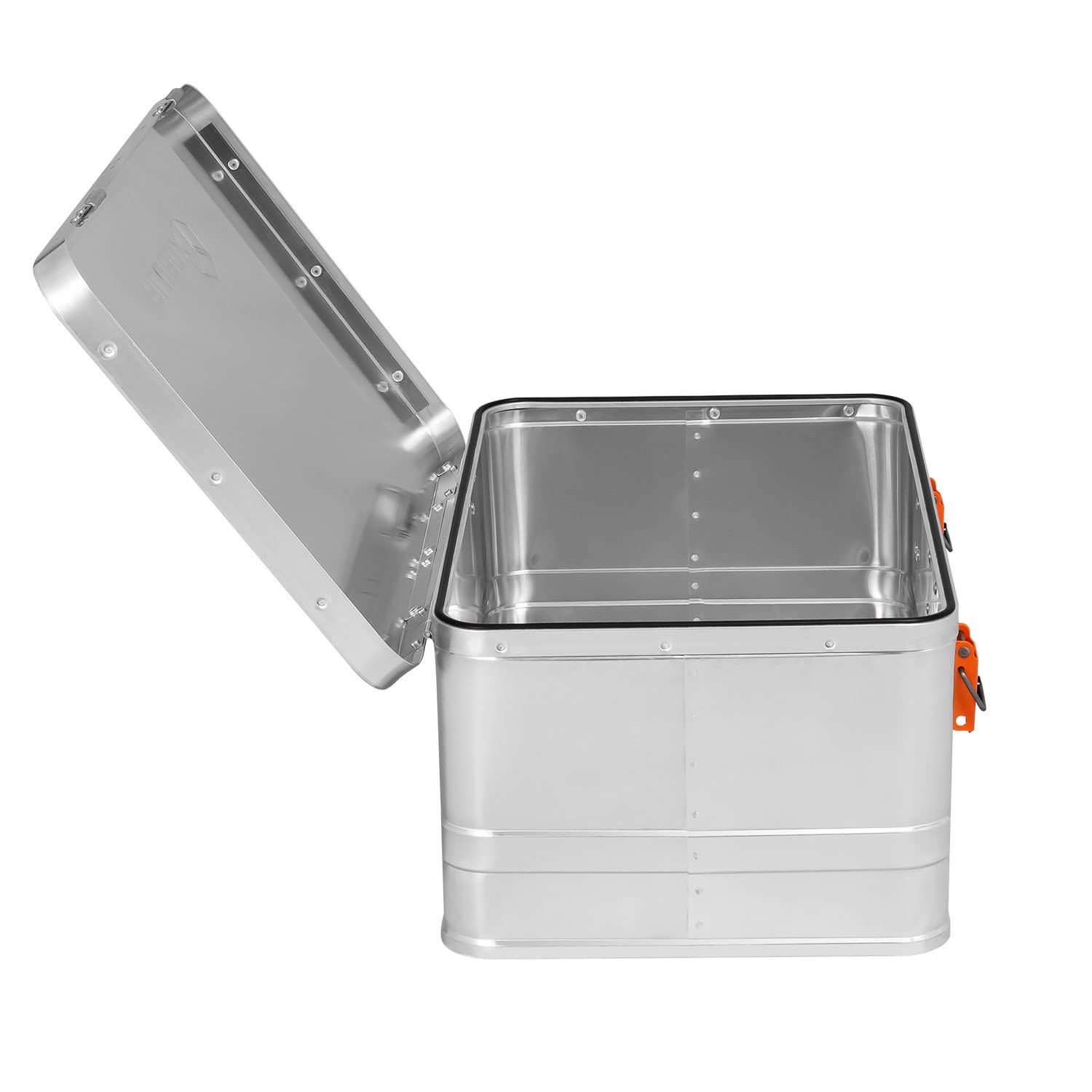 Alubox Werkzeugtruhe Werkzeugkoffer EASY 40 Liter silber Alu glänzend - orange Schnallen - Frontgriff - Außenmaße L 56 x B 37,5 x H 24 cm