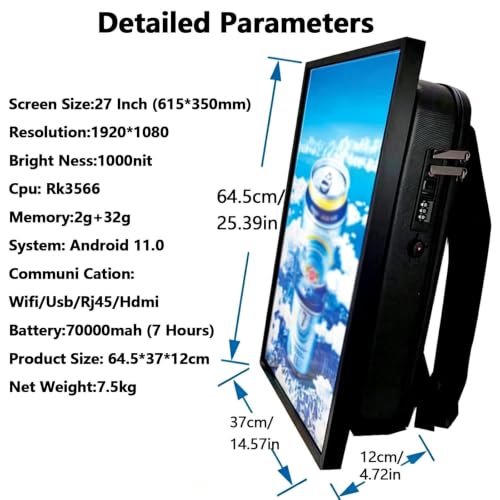 Image of Digital Backpack Display,1920 * 1080 Resolution Ratio 1000 Nits Brightness,IPS Panel,178 Wide Viewing Angle,Remote Control,Android Os11.0,Wifi /USB /Rj45 /HDMI Input,for Marketing 27in
