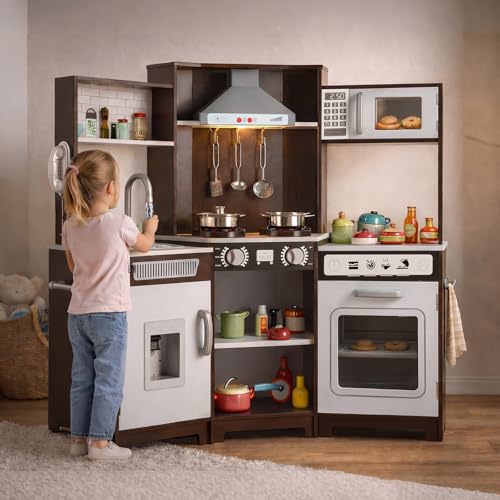 Kids Wooden Kitchen, Large Pretend Role Play Kitchen Toys with Sound and Light, Microwave Oven,Water Dispenser,Phone,Sink,Cooking Accessories, Children Kitchen Playset for 3+ Years Boys Girls