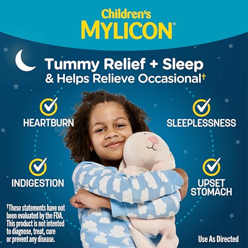 Image of MYLICON Tummy Relief + Sleep Gummies with Melatonin for Kids, Berry, 50 Ct | Nighttime gummies relieve occasional upset stomach & indigestion, plus melatonin for sleep, Ages 3-11, Mixed Berry Flavor
