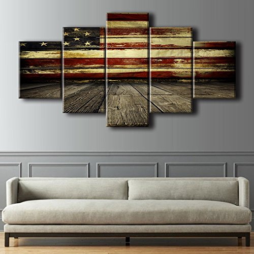 Wooden American Flag Wall Pictures For Living Room Usa Canvas Print Retro Us Flag Modern Painting 5 Piece Framed Hooks Posters And Prints Bedroom Giclee Print Gallery Wrap Stretched(60''W X 40''H) #TOP1