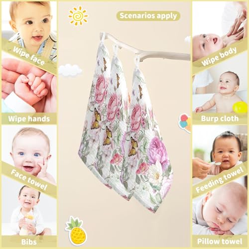 Image of Bolaz Baby Gauze Towels for Kids Soft Handkerchief Newborn 100% Cotton Pink Rose Flower Butterfly Green Leaves Absorbent 12x12 Inch 3 Pack