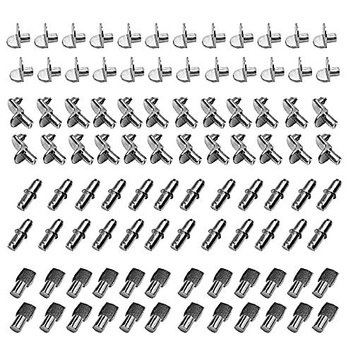 100PCS Support Etagere de Plaque en Métal Nickelé 4 Modèles Goupilles De Support D'étagère Support De Chevilles Taquet pour Cabinet Meuble Armoire Bois Verre Cover