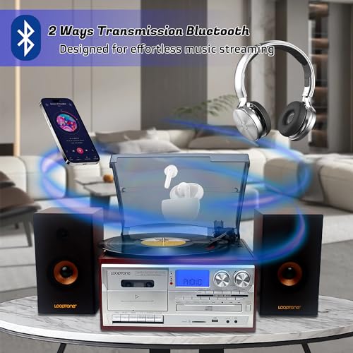 LoopTone Vinyl Record Player with Dual 15W External Speakers 10 in 1 3 Speed Bluetooth Vintage Turntable CD Cassette Player AM/FM Radio USB Recorder Aux-in RCA Line-Out (Silver)