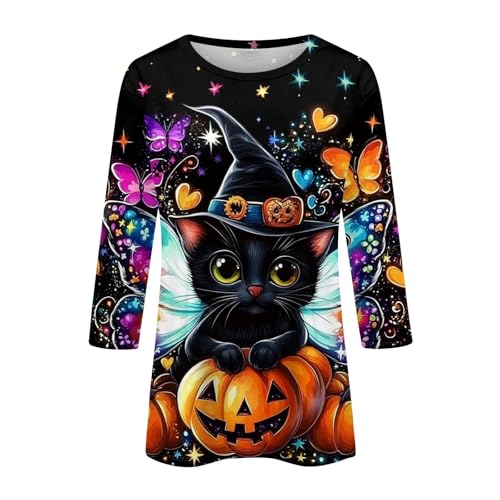 Cute Funny Halloween Shirts for Women Plus Size 3/4 Length Long Sleeve Womens Tops Witch Gothic Renaissance Shirt
