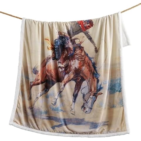 Indigo Hill by HiEnd Accents Buster Sherpa Throw Blankets, Cowboy Horse Print Cream Western Blanket for Camping Outdoor, Rustic Southwest Southwestern Rodeo Sherpa Fleece Blanket, 54x68 inch Cover