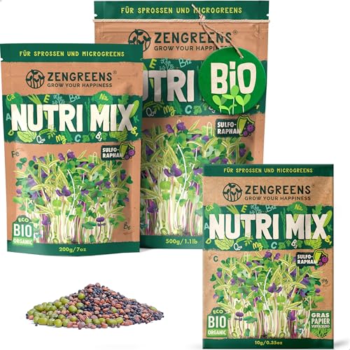 ZenGreens® - Bio Nutri Sprossensamen Mischung - Wähle zwischen 10, 200g und 500g - Nutri Mix Sprossensamen Mischung - Sprossen Samen Mixtur mit hohem Sulforaphangehalt - Microgreens